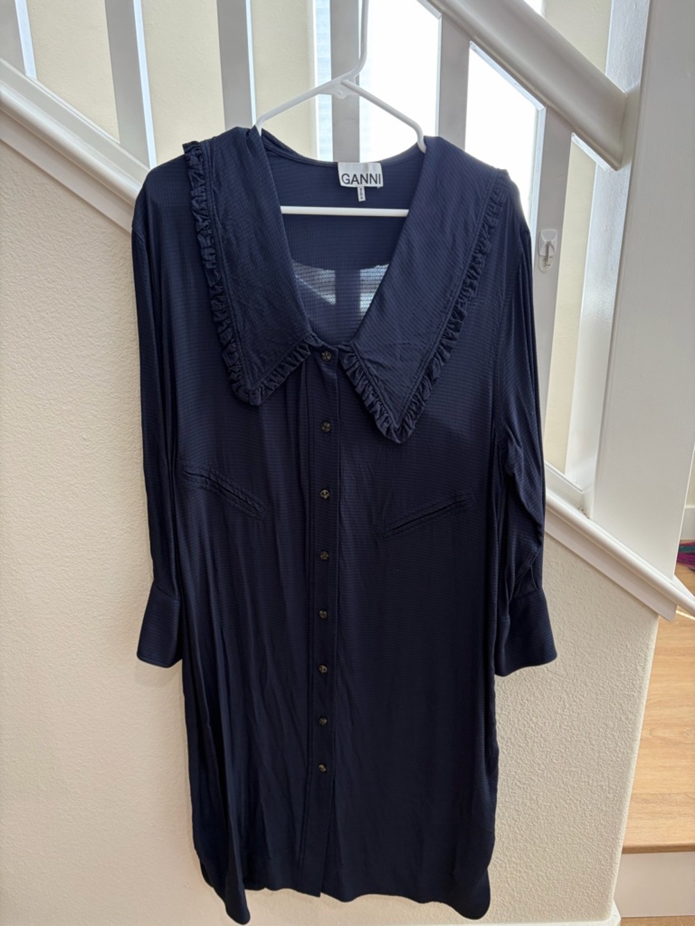 Ganni Navy Ruffled Collar Button-Front Dress - Picture 3 of 5